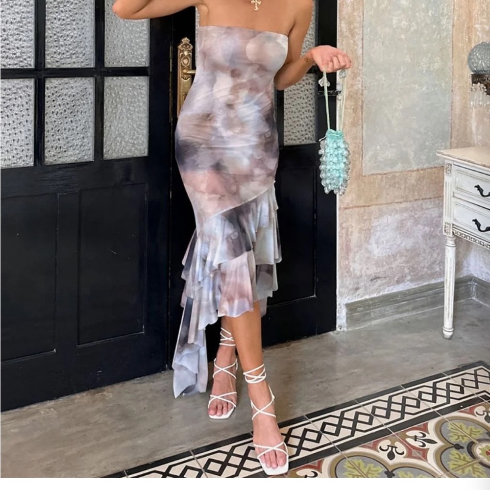 12th Tribe Dusk Strapless Mesh Midi Dress